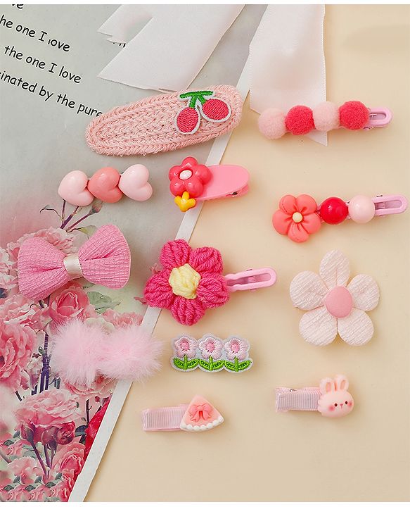 Babyhug Free Size Hair Pins & Clips With Floral Heart & Bow Applique Pack of 12 - Pink