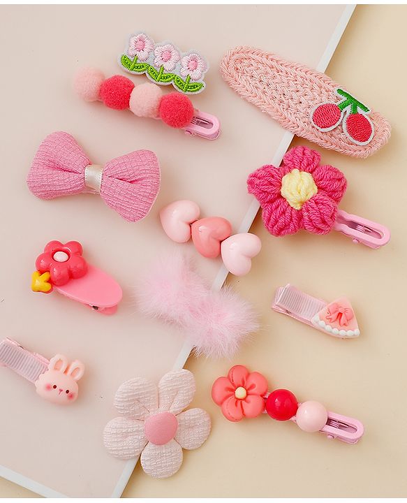 Babyhug Free Size Hair Pins & Clips With Floral Heart & Bow Applique Pack of 12 - Pink
