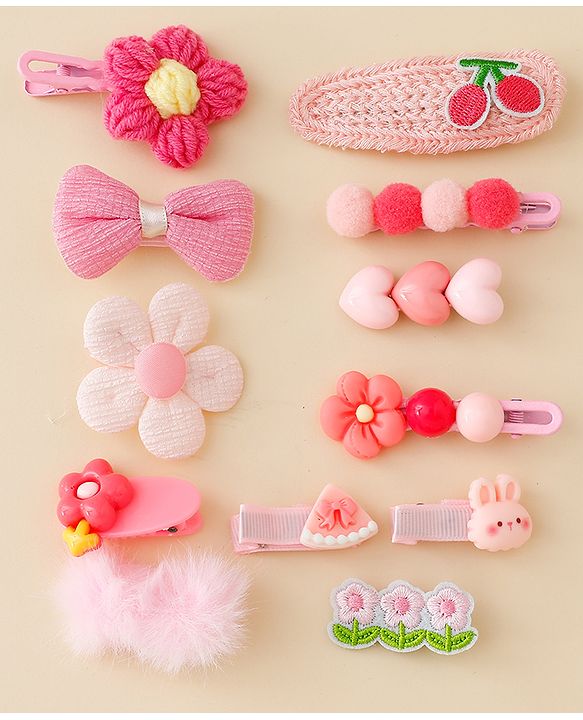 Babyhug Free Size Hair Pins & Clips With Floral Heart & Bow Applique Pack of 12 - Pink