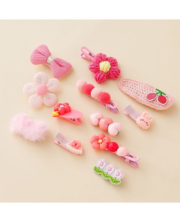 Babyhug Free Size Hair Pins & Clips With Floral Heart & Bow Applique Pack of 12 - Pink