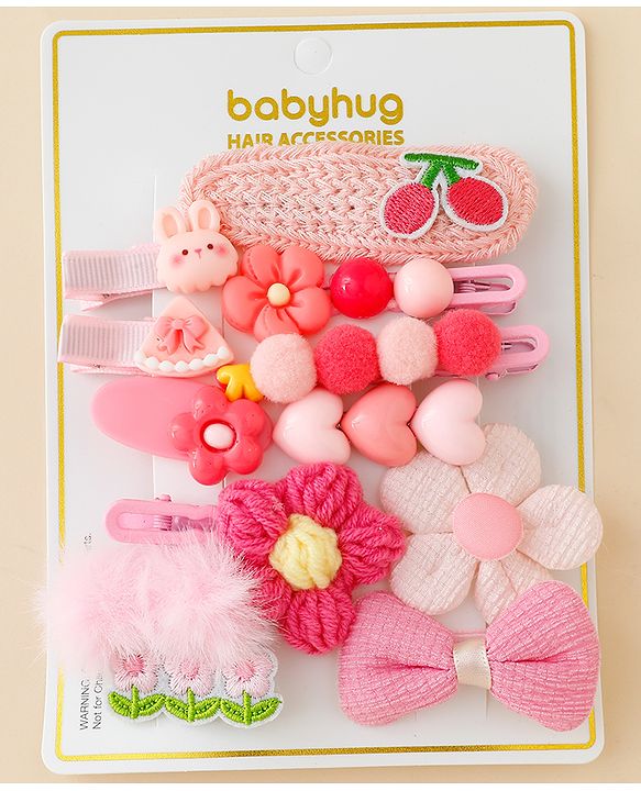 Babyhug Free Size Hair Pins & Clips With Floral Heart & Bow Applique Pack of 12 - Pink
