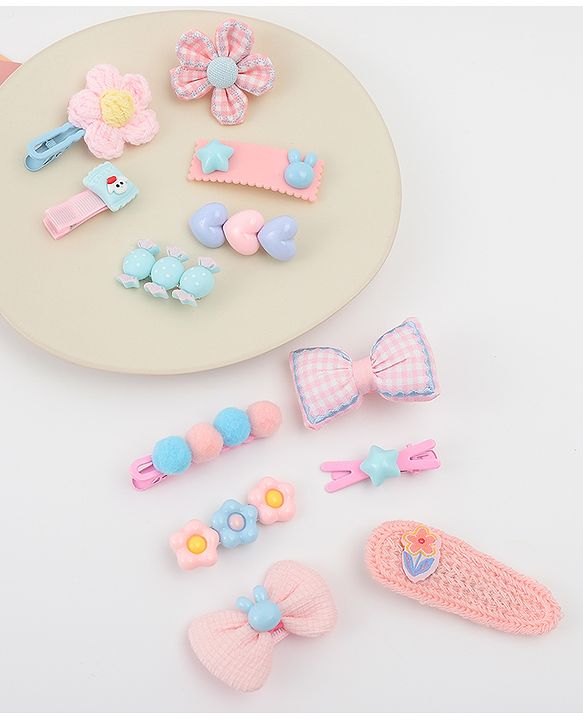 Babyhug Free Size Hair Pins & Clips With Floral Heart & Bow Applique Pack of 12  - Multicolour