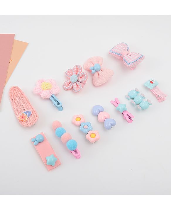 Babyhug Free Size Hair Pins & Clips With Floral Heart & Bow Applique Pack of 12  - Multicolour
