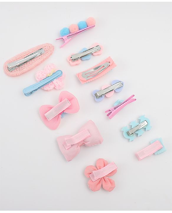 Babyhug Free Size Hair Pins & Clips With Floral Heart & Bow Applique Pack of 12  - Multicolour