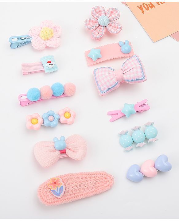 Babyhug Free Size Hair Pins & Clips With Floral Heart & Bow Applique Pack of 12  - Multicolour