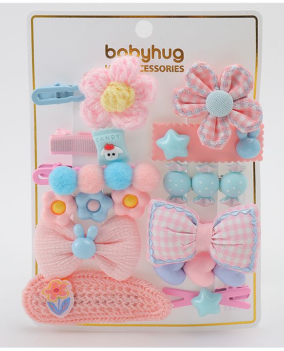 Babyhug Free Size Hair Pins & Clips With Floral Heart & Bow Applique Pack of 12  - Multicolour