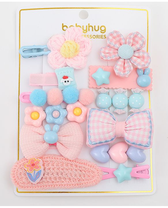 Babyhug Free Size Hair Pins & Clips With Floral Heart & Bow Applique Pack of 12  - Multicolour
