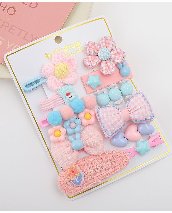 Babyhug Free Size Hair Pins & Clips With Floral Heart & Bow Applique Pack of 12  - Multicolour