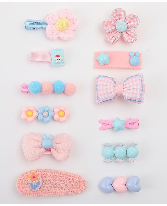 Babyhug Free Size Hair Pins & Clips With Floral Heart & Bow Applique Pack of 12  - Multicolour