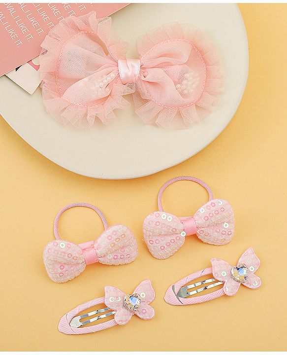 Babyhug Free Size Floral & Bow Applique Hair Accessories Combo Sets - Pink