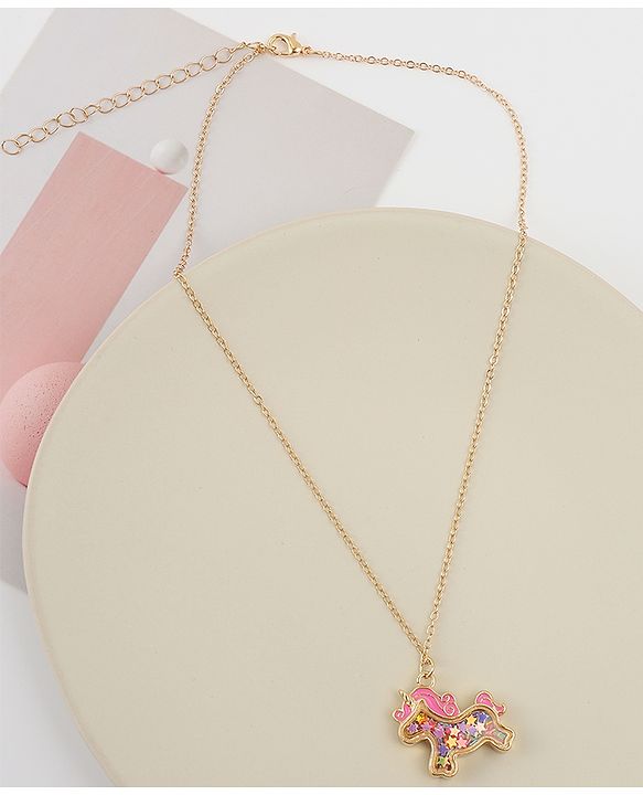 Babyhug Free Size Necklace With Unicorn Applique - Gold & Pink