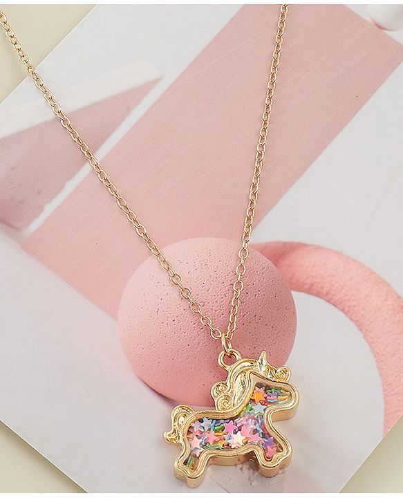 Babyhug Free Size Necklace With Unicorn Applique - Gold & Pink