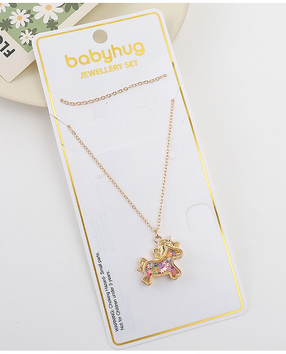 Babyhug Free Size Necklace With Unicorn Applique - Gold & Pink