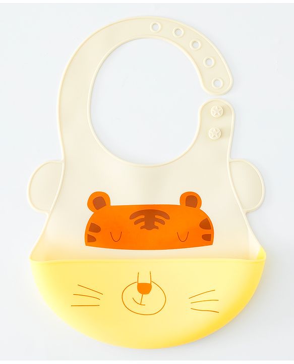 Babyhug Adjustable Silicone Bib for Toddlers - Beige Orange Tiger Print| Soft & BPA-Free| 5-Gear Neck Adjustment| Easy to Clean| Crumb Catcher| Roll-able Travel-Friendly