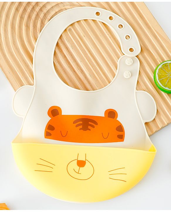 Babyhug Adjustable Silicone Bib for Toddlers - Beige Orange Tiger Print| Soft & BPA-Free| 5-Gear Neck Adjustment| Easy to Clean| Crumb Catcher| Roll-able Travel-Friendly