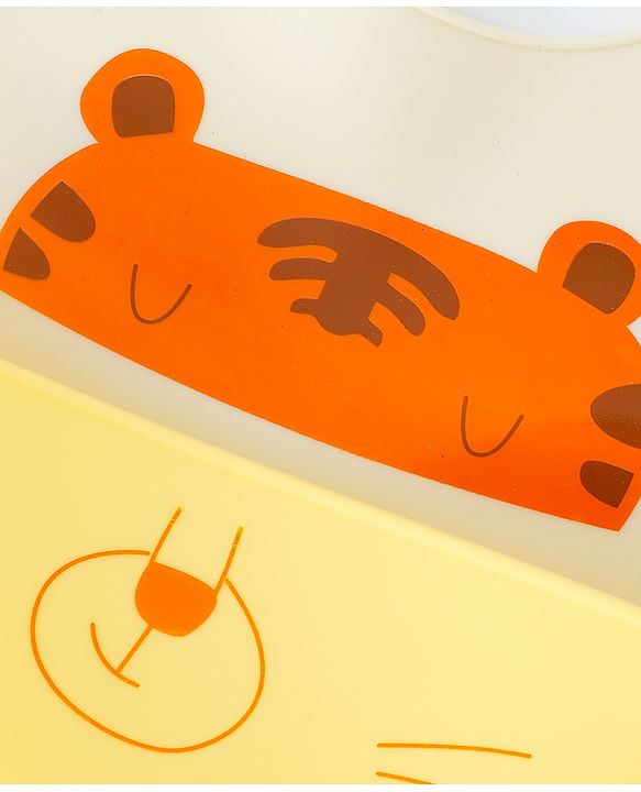 Babyhug Adjustable Silicone Bib for Toddlers - Beige Orange Tiger Print| Soft & BPA-Free| 5-Gear Neck Adjustment| Easy to Clean| Crumb Catcher| Roll-able Travel-Friendly