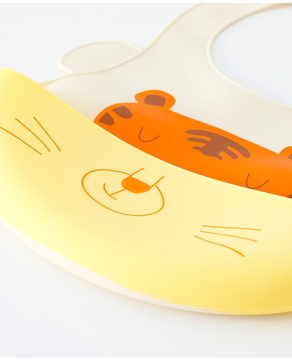 Babyhug Adjustable Silicone Bib for Toddlers - Beige Orange Tiger Print| Soft & BPA-Free| 5-Gear Neck Adjustment| Easy to Clean| Crumb Catcher| Roll-able Travel-Friendly