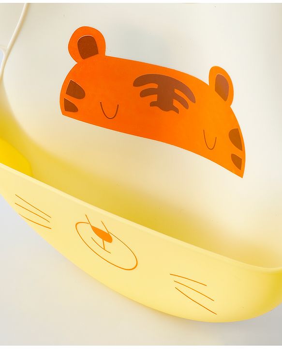 Babyhug Adjustable Silicone Bib for Toddlers - Beige Orange Tiger Print| Soft & BPA-Free| 5-Gear Neck Adjustment| Easy to Clean| Crumb Catcher| Roll-able Travel-Friendly
