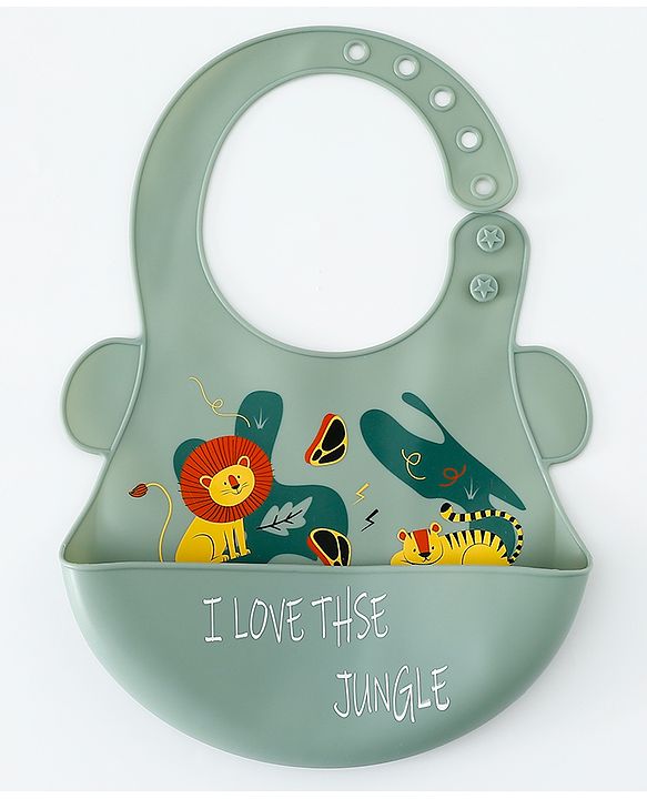 Babyhug Adjustable Silicone Bib for Toddlers - Beige Orange Tiger Print| Soft & BPA-Free| 5-Gear Neck Adjustment| Easy to Clean| Crumb Catcher| Roll-able Travel-Friendly