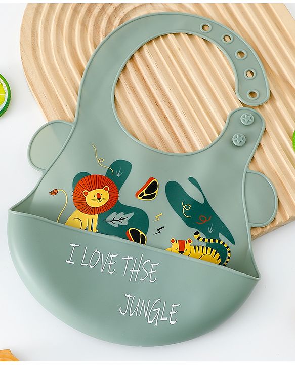 Babyhug Adjustable Silicone Bib for Toddlers - Beige Orange Tiger Print| Soft & BPA-Free| 5-Gear Neck Adjustment| Easy to Clean| Crumb Catcher| Roll-able Travel-Friendly