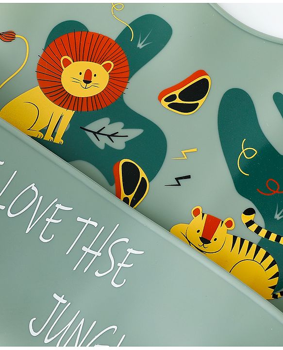 Babyhug Adjustable Silicone Bib for Toddlers - Beige Orange Tiger Print| Soft & BPA-Free| 5-Gear Neck Adjustment| Easy to Clean| Crumb Catcher| Roll-able Travel-Friendly