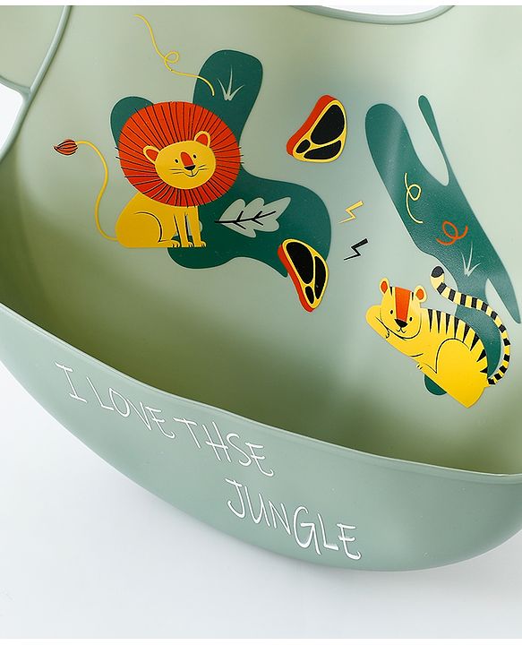 Babyhug Adjustable Silicone Bib for Toddlers - Beige Orange Tiger Print| Soft & BPA-Free| 5-Gear Neck Adjustment| Easy to Clean| Crumb Catcher| Roll-able Travel-Friendly