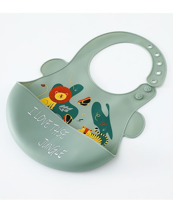 Babyhug Adjustable Silicone Bib for Toddlers - Beige Orange Tiger Print| Soft & BPA-Free| 5-Gear Neck Adjustment| Easy to Clean| Crumb Catcher| Roll-able Travel-Friendly