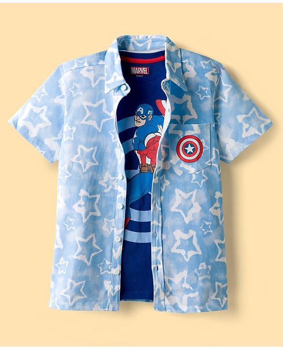 Pine Kids Marvel Single Jersey Knit Half Sleeves Shirt With T-Shirt & Captain America Graphics - Blue