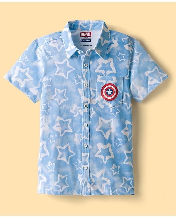 Pine Kids Marvel Single Jersey Knit Half Sleeves Shirt With T-Shirt & Captain America Graphics - Blue