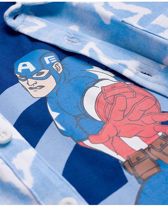 Pine Kids Marvel Single Jersey Knit Half Sleeves Shirt With T-Shirt & Captain America Graphics - Blue
