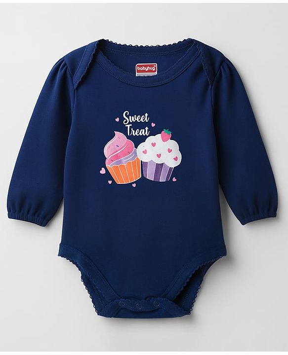Babyhug 100% Cotton Interlock Knit Full Sleeves Onesie with Cupcake Print - Navy Blue