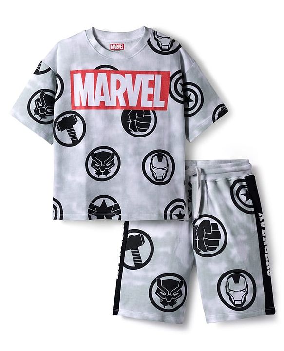 Pine Kids Marvel Single Jersey Knit Half Sleeves T-Shirt & Short Set With Avengers Graphics - Light Grey