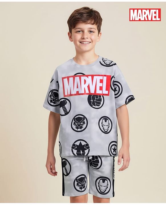 Pine Kids Marvel Single Jersey Knit Half Sleeves T-Shirt & Short Set With Avengers Graphics - Light Grey