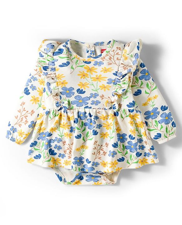 Babyhug 100% Cotton Single Jersey Knit Full Sleeves Onesies With Floral Print - White