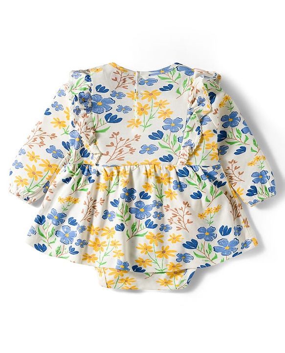 Babyhug 100% Cotton Single Jersey Knit Full Sleeves Onesies With Floral Print - White