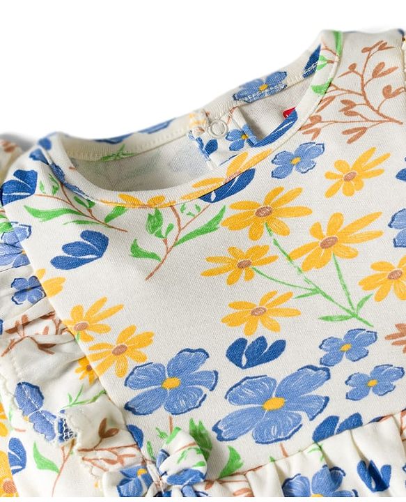 Babyhug 100% Cotton Single Jersey Knit Full Sleeves Onesies With Floral Print - White