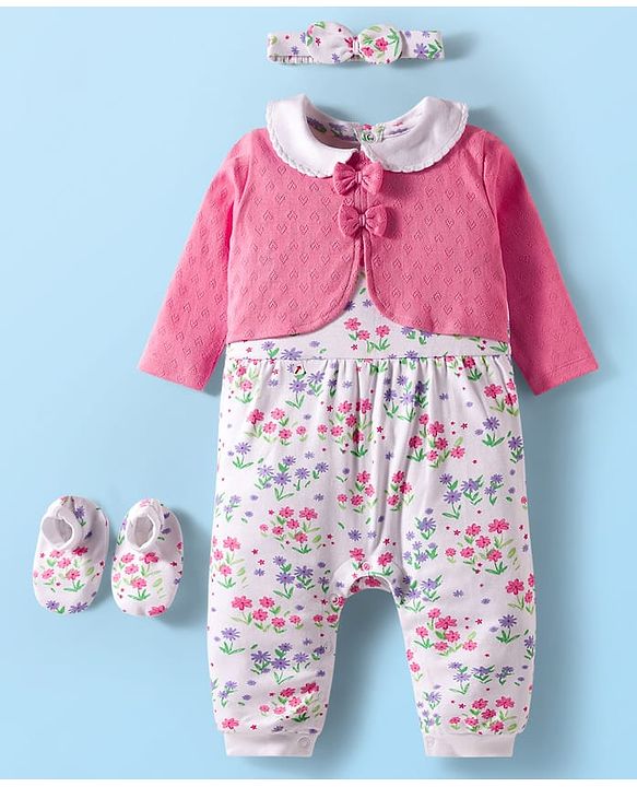 Babyhug 100% Cotton Interlock Knit Full Sleeves Romper with Floral Print Bow Applique Hairband & Booties - Pink