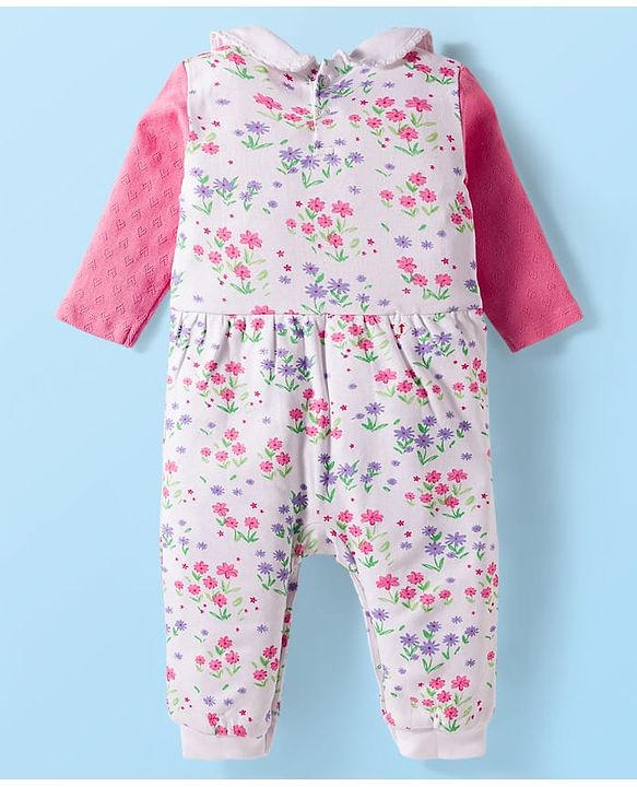 Babyhug 100% Cotton Interlock Knit Full Sleeves Romper with Floral Print Bow Applique Hairband & Booties - Pink