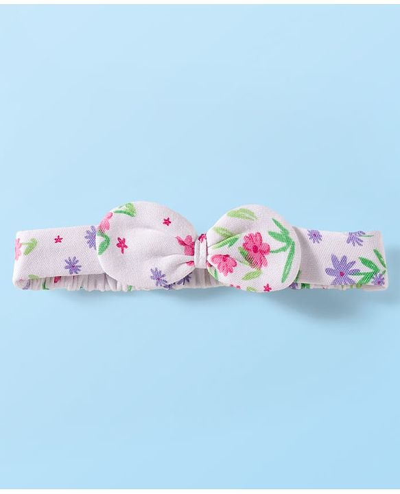 Babyhug 100% Cotton Interlock Knit Full Sleeves Romper with Floral Print Bow Applique Hairband & Booties - Pink