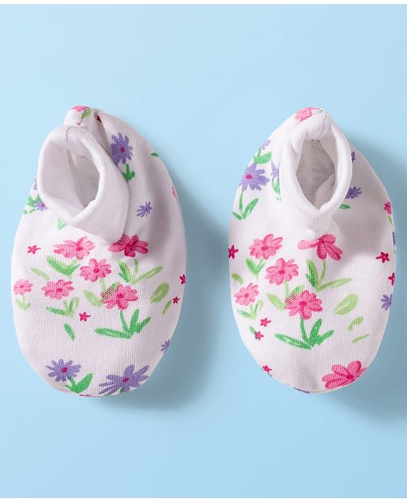 Babyhug 100% Cotton Interlock Knit Full Sleeves Romper with Floral Print Bow Applique Hairband & Booties - Pink