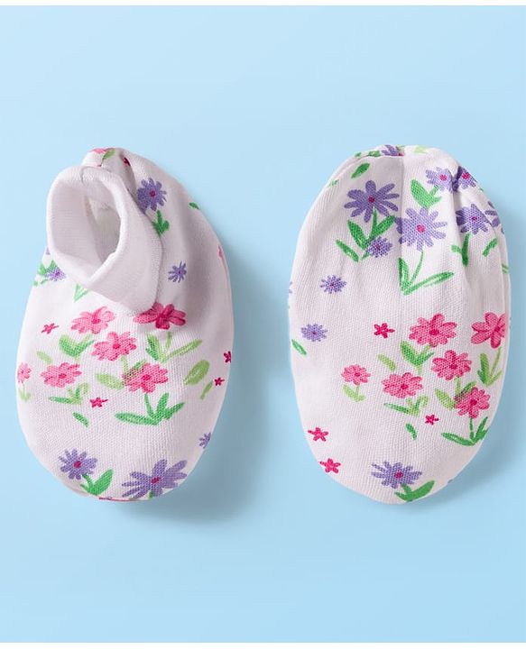 Babyhug 100% Cotton Interlock Knit Full Sleeves Romper with Floral Print Bow Applique Hairband & Booties - Pink