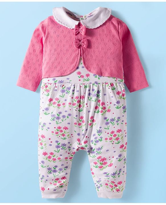 Babyhug 100% Cotton Interlock Knit Full Sleeves Romper with Floral Print Bow Applique Hairband & Booties - Pink