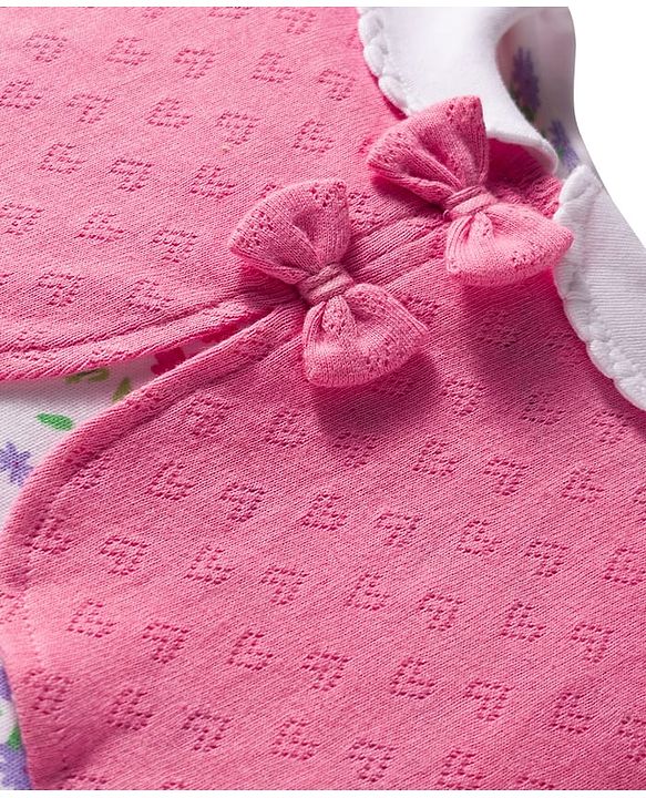 Babyhug 100% Cotton Interlock Knit Full Sleeves Romper with Floral Print Bow Applique Hairband & Booties - Pink