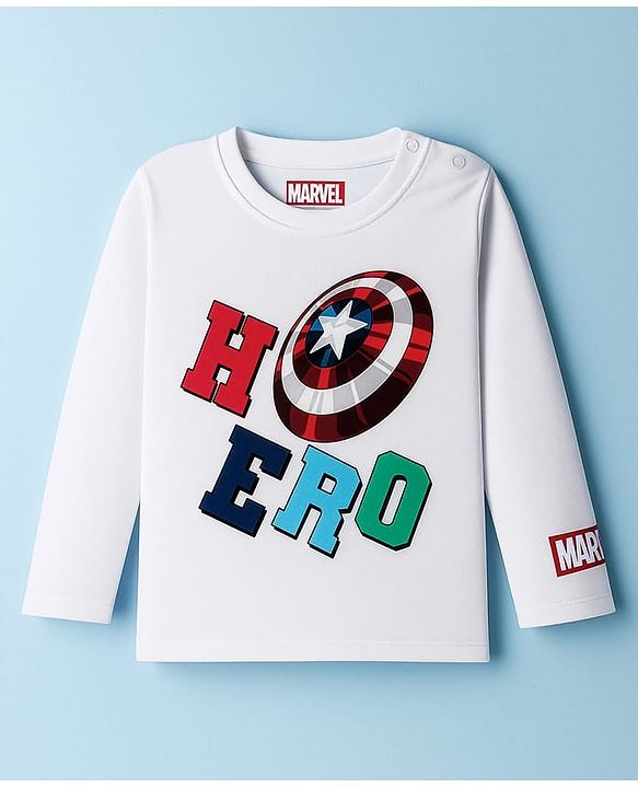 Babyhug Marvel Single Jersey Knit Full Sleeves T-Shirt with Captain America Sheild Graphic & Badge Detailing - White