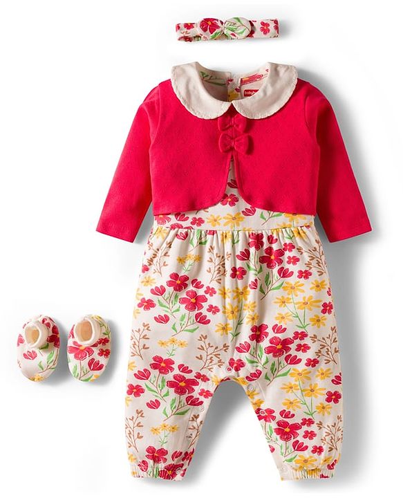 Babyhug 100% Cotton Interlock Knit Full Sleeves Romper with Floral Print Bow Applique Hairband & Booties - Red