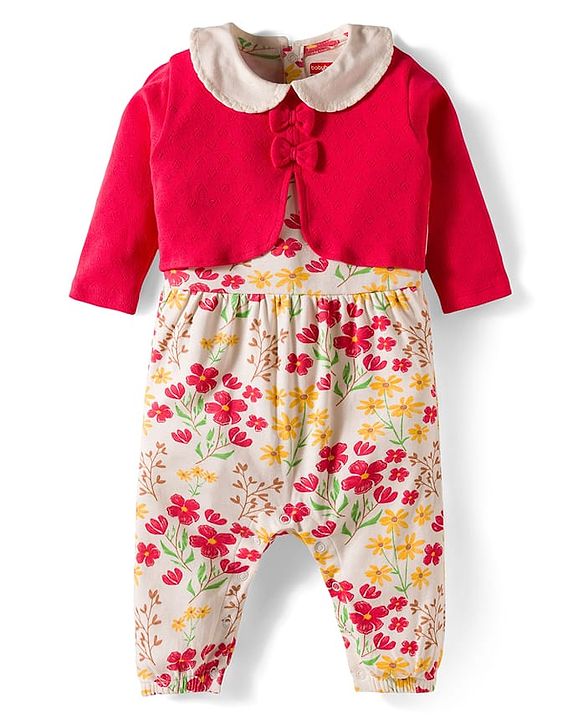 Babyhug 100% Cotton Interlock Knit Full Sleeves Romper with Floral Print Bow Applique Hairband & Booties - Red