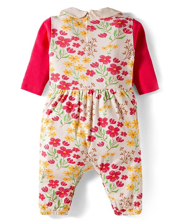 Babyhug 100% Cotton Interlock Knit Full Sleeves Romper with Floral Print Bow Applique Hairband & Booties - Red