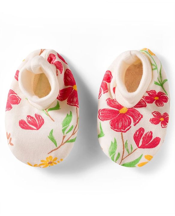 Babyhug 100% Cotton Interlock Knit Full Sleeves Romper with Floral Print Bow Applique Hairband & Booties - Red