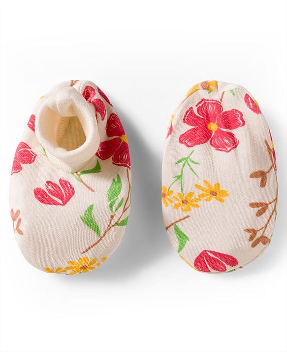 Babyhug 100% Cotton Interlock Knit Full Sleeves Romper with Floral Print Bow Applique Hairband & Booties - Red