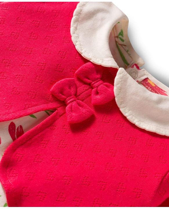 Babyhug 100% Cotton Interlock Knit Full Sleeves Romper with Floral Print Bow Applique Hairband & Booties - Red